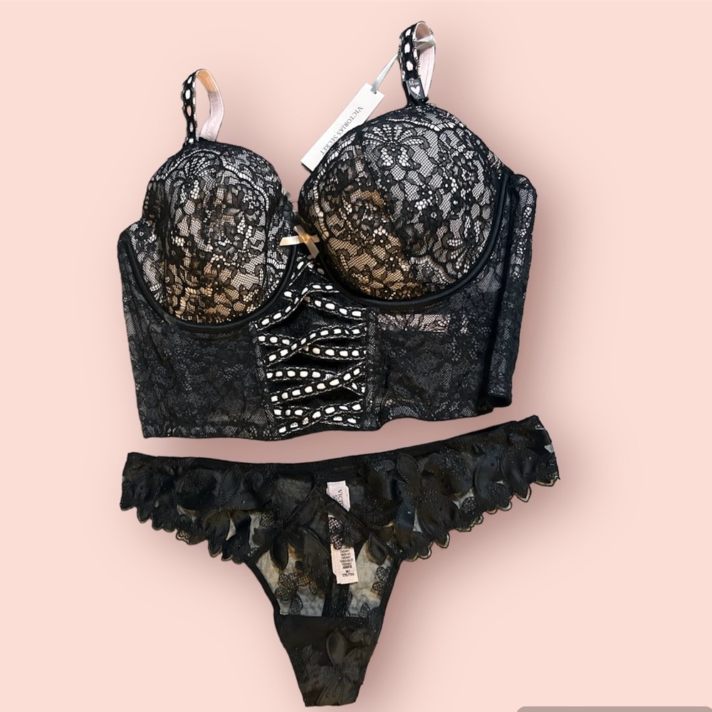 Set of VS Heritage Ribbon Slot Bra Black Medium DD And VERY SEXY Floral Thong